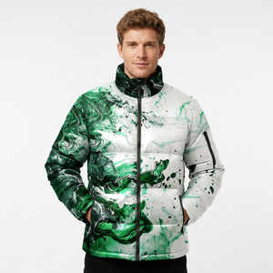 Unisex Green Abstract Print <b>Fleece</b> Puffer Jacket Hooded Collar <b>Zipper</b> Closure Long Casual Winter Eco-Friendly Front - Product Image 3