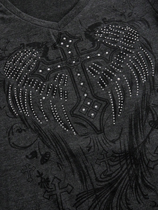 Camisetas de Verano para Mujer, Manga Corta, Multicolor, Estampado de Diamantes de Imitación, Transpirables, Casuales, 100% Algodón - Product Image 4