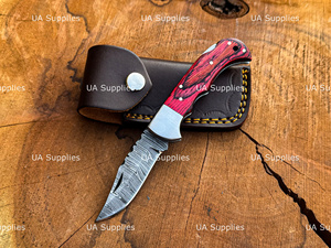 Juego de Cuchillos de Caza de Acero de Damasco Hechos a Mano, 5 Piezas, Mango Rojo, Hoja de Punta Caída, Cuchillo Utilitario de Filo Recto, Funda de Cuero - Product Image 6