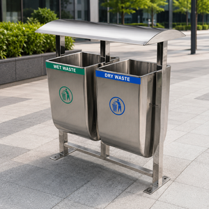 Stainless Steel Dual Waste Segregation Dustbin Wet Dry Garbage Bin Outdoor Public Park Trash Can With <b>Canopy</b> Stand - Product Image 2