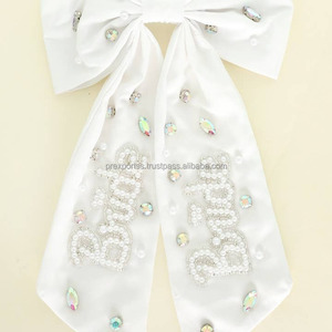 White Satin Bride Beaded Embroidered Hair Bow Bachelorette Party Bridal Shower Wedding Day Accessory <b>Kids</b> Custom Size Fashion - Product Image 1