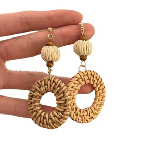 TUYET DUNG Boho Woven Rattan <b>Earrings</b> Folk Art & Classic Style Handmade Natural Lightweight Wedding Jewelry Made in Vietnam - Product Image 6
