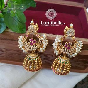 Peacock Gold Plated Brass Jhumka Earrings with Pearl Studs - Product Image 1