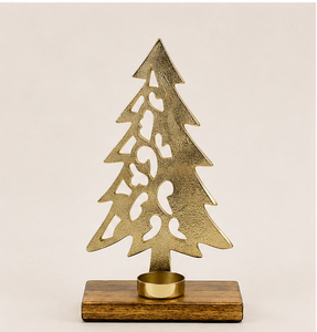 Luxury Golden Aluminium Christmas Tree Tealight Candle Holder On Mango Wood Base Handcrafted Festive Ornament for Holiday Table - Product Image 3