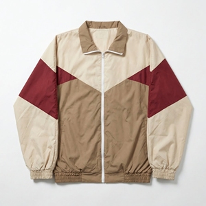 Chaqueta Deportiva con Cierre Frontal en Bloques de Color Beige, Camel y Caoba, Cortavientos Retro Unisex con Paneles en Chevron |   Marca Privada OEM/ODM - Product Image 1