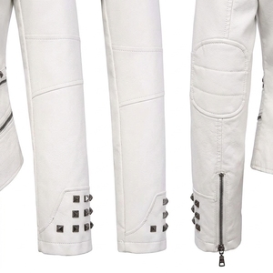 Women's White Faux <b>Leather</b> Studded Biker Jacket, Slim Fit Punk Rock Motorcycle Jacket with Asymmetric Zipper and <b>Rivet</b> Details - Product Image 4