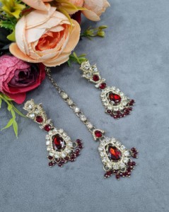 Pear Cut Crystal Stone Necklace Earrings And Mangtika <b>Set</b> Antique Gold PLated Ethnic Festive Wear Wholesale Fashion Jewelry <b>Sets</b> - Product Image 6