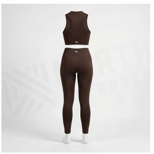 North Approach 2 Piece Yoga Set Solid Brown Print Front Seamless High Waist <b>Leggings</b> <b>Crop</b> Top Women's Sportswear - Product Image 2