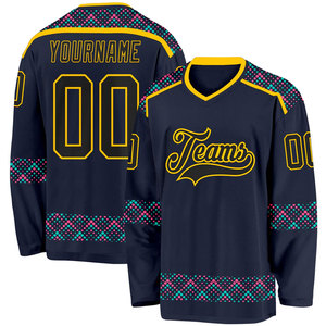 Maillot de hockey sur glace personnalisé, col en V, manches longues, bleu marine, logo des équipes sublimé, polyester respirant, vêtements unisexes pour adultes - Product Image 1