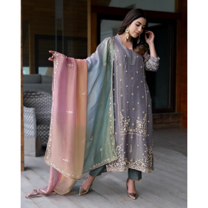 Conjunto de Top, Pantalón y Dupatta de Diseño PD-Aarohi para Mujer, Color Gris-1, Talla M, para un Look Elegante - Product Image 3