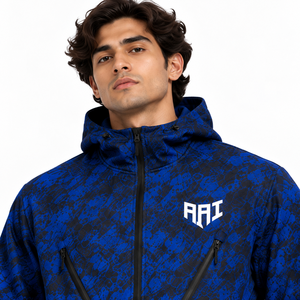 Conjunto de 2 piezas de chaqueta cortavientos con diseño de camuflaje azul, estampado abstracto de alta calidad, nailon personalizado, con cremallera, reflectante, deportivo, para hombre. - Product Image 5