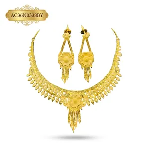 Luxury Brass Gold Plated African Indian Traditional Bridal Charm Necklace Set Box <b>Chain</b> Flower Pattern for Wedding Women's - Product Image 2