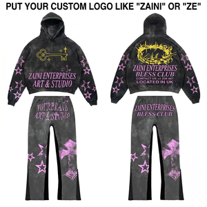 Conjunto Deportivo Premium para Hombre en Felpa de Algodón de 400 GSM, Color Negro Lavado con Paneles Gráficos Rosas, Diseño Personalizado con Logotipo Impreso en DTG - Product Image 1