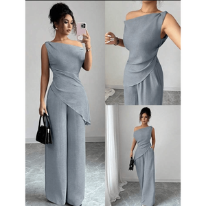 Serene <b>Slate</b> Asymmetrical Ruched Jumpsuit or Asymmetric One Shoulder Draped Co ord Set - Product Image 5