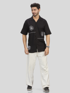 Men's Winter Black Short Sleeve Embroidered Floral Casual <b>Shirt</b> with Turn Collar Eco-Friendly Breathable White Stitching Detail - Product Image 1