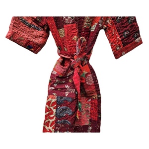수제 인도 빈티지 실크 칸사 Khambhadiya 기모노 로브 겨울을 위한 복잡한 상세 자수 웨어러블 아트 - Product Image 4