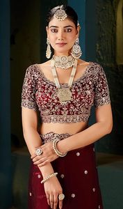 Indian Boutique Latest Bridal Designer Maroon <b>Satin</b> Silk Saree Gold Embroidery Premium Traditional Wedding Wear For Women Girl - Product Image 4
