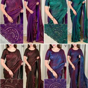 ผ้าส่าหรีดีไซน์เนอร์ปักเลื่อมสองสีสุดพิเศษ พร้อมเสื้อคลุมเข้าชุดแบบยังไม่เย็บติดกัน ราคาขายส่งโดยรอยัลเอ็กซ์พอร์ต - Product Image 2