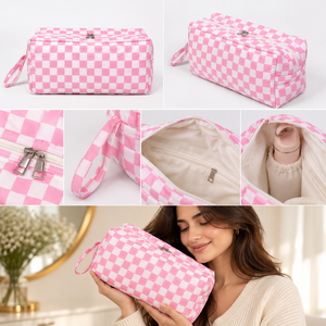 กระเป๋าเครื่องสำอางลายตารางสีชมพูขาว กระเป๋าใส่เครื่องสำอางแบบมีซิปขนาดใหญ่ กระเป๋าจัดระเบียบสำหรับเดินทางแบบพกพาสำหรับผู้หญิง - Product Image 3