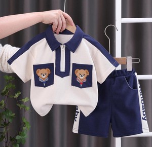 ชุดเสื้อยืดโปโลผ้าฝ้ายสำหรับเด็กแขนสั้นปักลายหมีกระเป๋าสีฟ้าสีขาวชุดลำลองสองชิ้น - Product Image 2