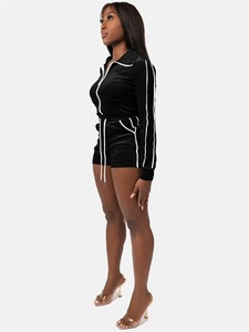 Women Flocking Side Stripe Lapel Zipper Jacket+Drawstring Shorts Matching Simple Outfits Sporty Tracksuits 2-Piece Set <b>Velvet</b> - Product Image 5