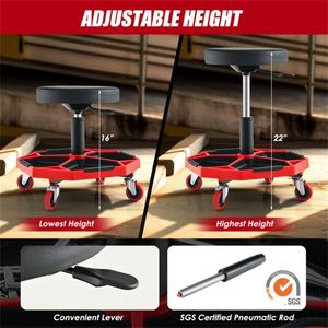 Sgabello Regolabile in Altezza con Ruote, Rosso, Resistente, con Vassoio Portautensili, Capacità 150 kg, per Riparazioni Auto - Product Image 4