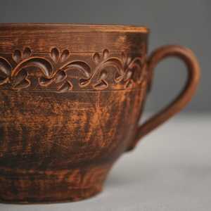Handmade Terracotta <b>Tea</b> Cup and Saucer <b>Set</b> Vintage Embossed Ceramic Drinkware for Home Office <b>Party</b> - Product Image 5