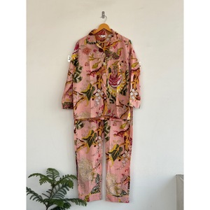 Floral Print 100% Cotton Bohemian V-neck Pajama Set Long Sleeve Regular Fit <b>Elastic</b> Waist Eco-Friendly Daily Casual Wear All - Product Image 1