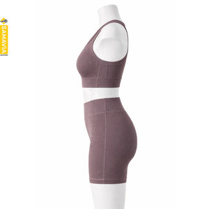 Ensemble de sport 2 pièces sans couture côtelé pour femme avec coutures renforcées : Legging taille haute, Crop Top, Short d'entraînement et Brassière de sport - Product Image 3