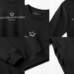 เสื้อสเวตเชิ้ตคอกลมสีดำผ้าฝ้ายฟลีซสำหรับผู้ชายแบบกำหนดเอง ขายส่งเสื้อพูลโอเวอร์เรียบๆ พิมพ์โลโก้ สตรีทแวร์ลำลอง รับผลิตแบบ OEM - Product Image 5