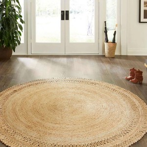 Tapis rond en jute fait main, style bohème, tissage plat, écologique, décoration de salon, couleur naturelle, poils fins - Product Image 4
