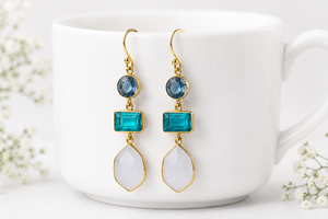 Boucles d'oreilles pendantes géométriques longues en quartz bleu, apatite, pierre de lune blanche, plaqué or 18 carats, argent sterling, cadeau de mariage, anniversaire - Product Image 2