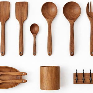 Juego de Utensilios de Cocina de Madera de Teca Premium ARTERRA, Espátula de Mango Largo, Cuchara Antiadherente con Soporte, Ecológico - Product Image 3