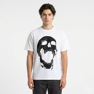 Men's White Short Sleeve T-Shirt With <b>Black</b> Skull Print O-Neck Casual Regular Fit Jersey Cotton Breathable Design - Product Image 1