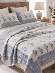 The FABRIA Hand Block Print Floral Lightweight Cotton Kantha <b>Quilt</b> Handmade Reversible Bohemian <b>Indian</b> Queen Size Blanket - Product Image 5