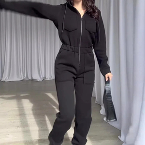 <b>Women</b> Jumpsuits Zipper Hooded One Piece <b>Romper</b> Solid Sporty Pockets Long Sleeve Tight Waist Jumpsuit Splice Overalls Autumn - Product Image 2