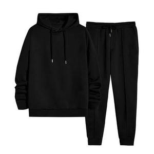 Unisex <b>Black</b> Hooded Tracksuit Set Full Sleeve Solid Color Cotton Casual Wear With Drawstring Closure And Side Pockets Autumn - Product Image 1