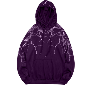 Sudadera con Capucha Negra para Hombre con Estampado de Rayos Púrpura, Corte Holgado Informal, Tejido de Poliéster, para Otoño - Product Image 3
