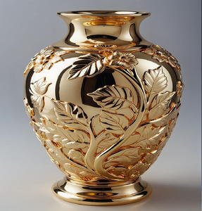 Jarrón ornamental de estilo barroco en oro y negro con borde acanalado y patrones de filigrana intrincados. Disponible a precios de mayorista. - Product Image 3