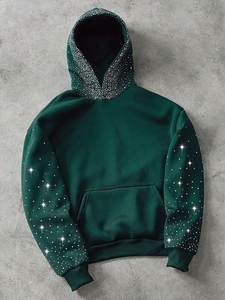 เสื้อฮู้ดดี้ปักคริสตัลแบบกำหนดเอง ผ้าหนาน้ำหนักมาก ทรงโอเวอร์ไซส์ สีเขียวเข้ม เสื้อสเวตเชิ้ตแบบสวมหัว คุณภาพสูง เสื้อฮู้ดดี้สตรีทแวร์แบบเรียบ - Product Image 1