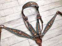 Ensemble de sellerie western en cuir véritable de qualité supérieure, léger, multifonctionnel, motif filigrane bleu sarcelle, taille moyenne, à bords festonnés, très demandé