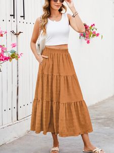 Falda larga de verano para mujer, elegante, informal, con capas, de cintura alta, línea A, fluida, con bolsillos - Product Image 4