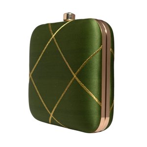 Olive <b>Green</b> And Golden Checks Embroidery Clutch Bag Elegant Designer Evening <b>Purse</b> for Women Events - Product Image 2