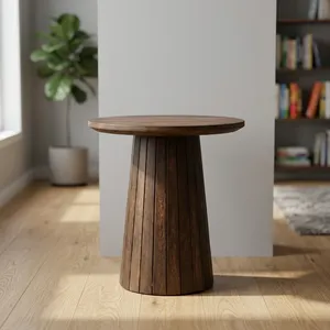 Modern Solid Wood Side <b>Table</b> With Fluted Pedestal Base Handmade Round Accent <b>End</b> <b>Table</b> for Living Room Bedroom Decor - Product Image 6