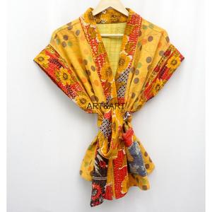 Vintage Unisex Plus Size Short Kantha Quilted Kimono <b>Jacket</b> Floral Print Knitted Fabric <b>Winter</b> <b>Maternity</b> Summer Lounge - Product Image 1