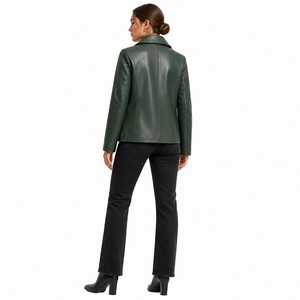Chaqueta de Motocicleta de Cuero Sintético Verde para Mujer, Manga Larga, Cuello Alto, Cierre de Botón, Prenda de Invierno, Tejido Ecológico - Product Image 2