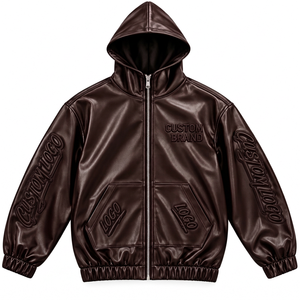 Blouson Homme Personnalisé en Similicuir à Capuche avec Lettrage Gaufré, Fermeture Éclair Intégrale, Coupe Décontractée, Style Urbain - Product Image 3