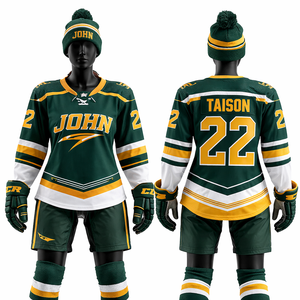 Uniforme de Hockey sobre Hielo para Mujer, 240 GSM, Malla de Poliéster Transpirable, Paneles Verde, Dorado y Blanco, Sublimación y Bordado Personalizados - Product Image 1