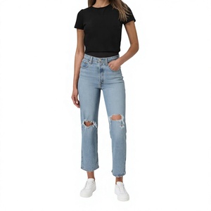 Jeans de Mezclilla de Cintura Alta, Corte Recto, Desgastados, Lavado Claro, Largura al Tobillo, Pantalones Casuales para Mujer, Estilo Vintage, Tela de Algodón - Product Image 2