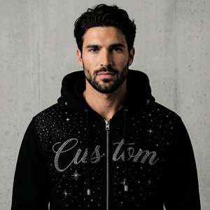 Custom Rhinestone Print <b>Zip</b>-<b>Up</b> <b>Hoodie</b> Unisex <b>Black</b> Casual Hooded Sweatshirt Regular Fit Autumn Knitted 100% Polyester - Product Image 4